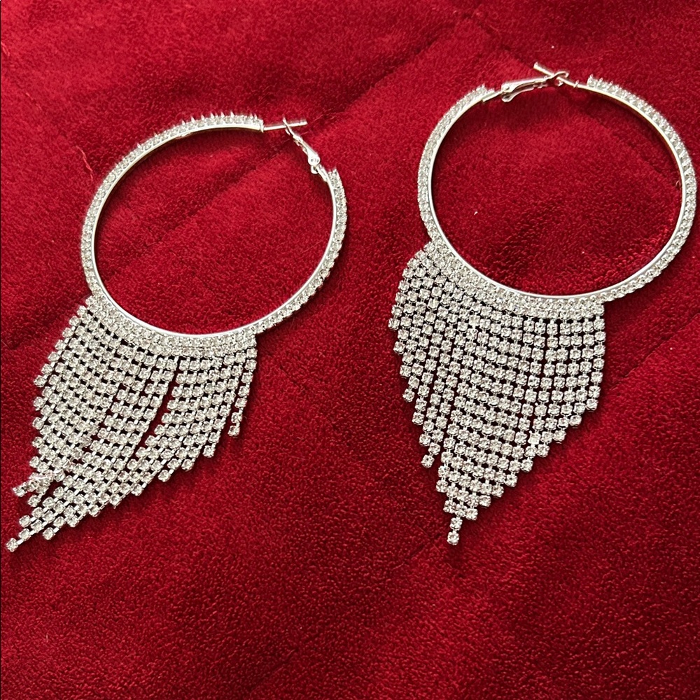 Elegant Silver Hoop Earrings with Crystal Fringe